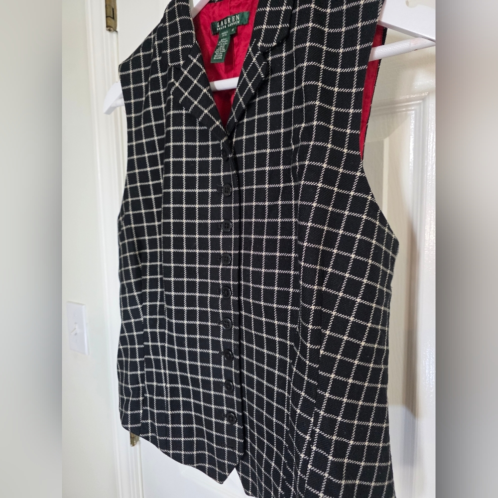 PRISTINE Lauren Ralph Lauren Black White Wool Button Front Vest Sz 10 Windowpane - Picture 2 of 6